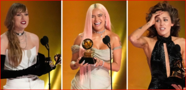 Karol G, Taylor Swift, Miley Cyrus, grandes ganadores de los Grammy 2024.