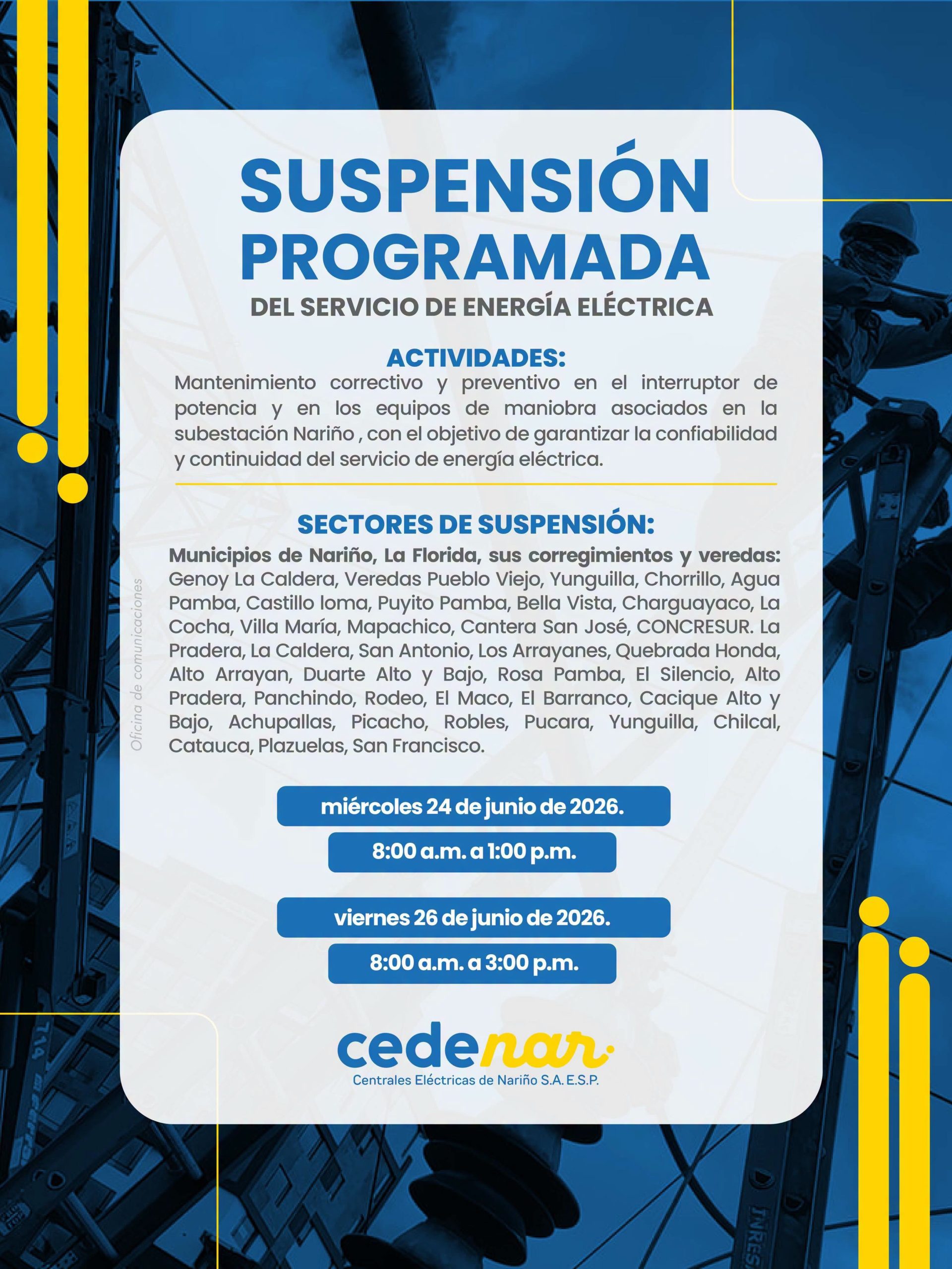Programan suspensión temporal del servicio de energía en Nariño y La Florida