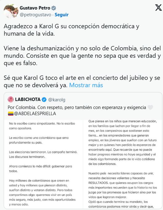 Presidente Petro reaccionó al mensaje de Karol G tras la victoria de Abelardo de la Espriella: “Nunca lo aceptes”