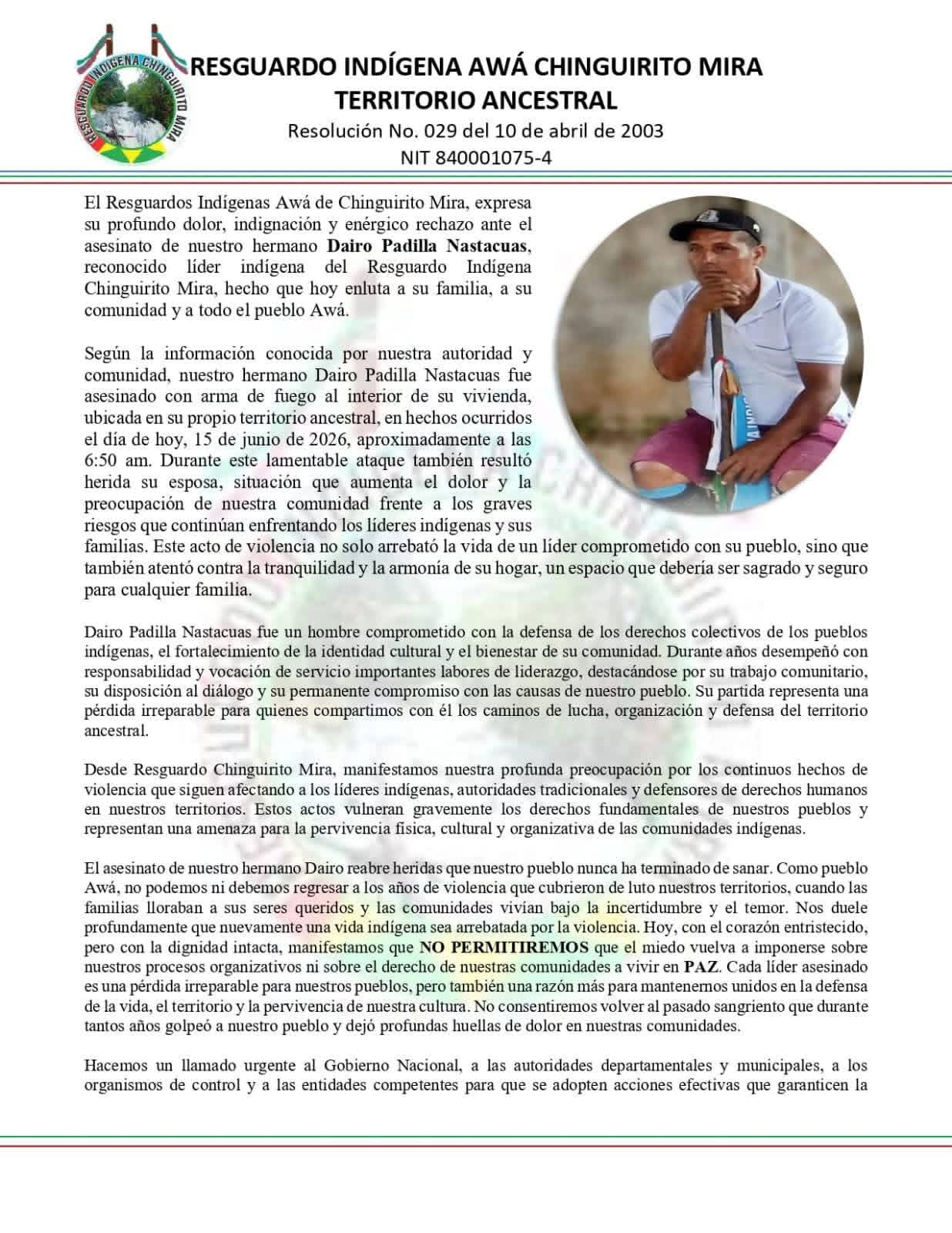 Dolor en Tumaco, Nariño: asesinan a líder indígena en su propia casa en territorio ancestral Awá