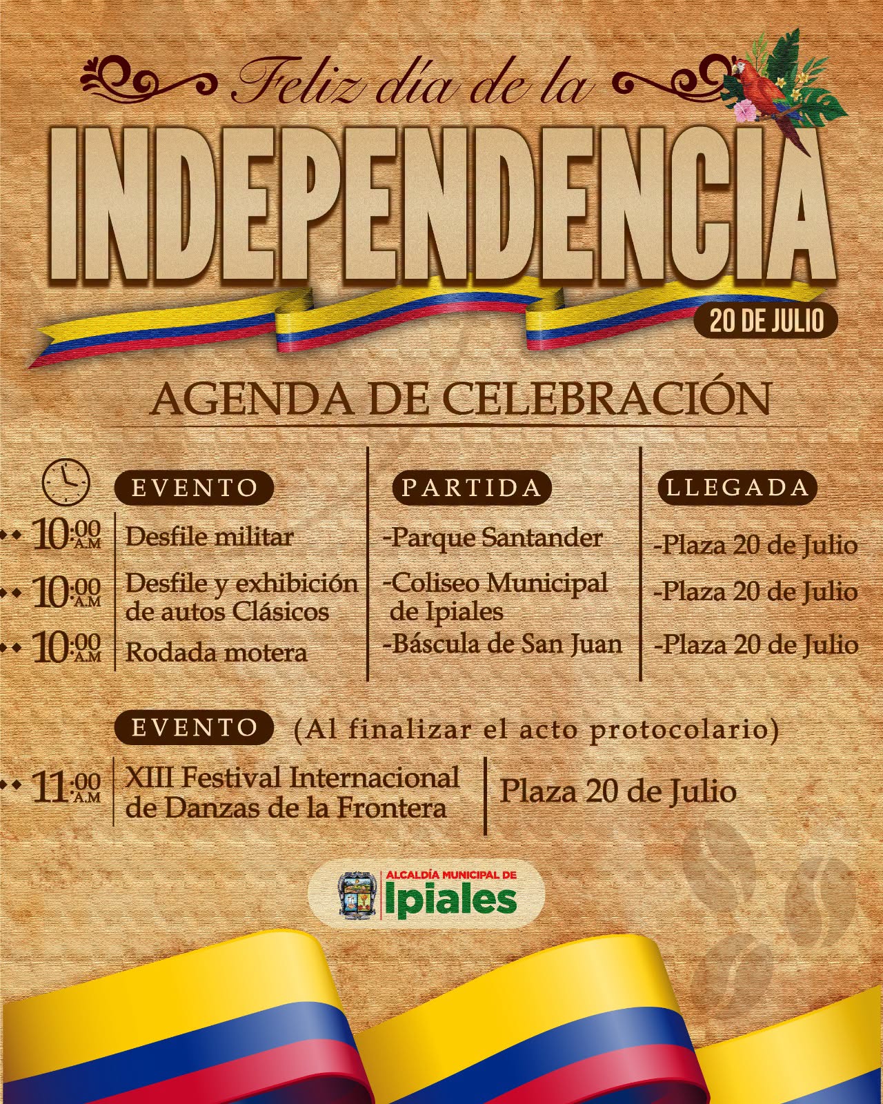 Desfile militar, vehículos clásicos, rodada motera y danzas marcarán la celebración del 20 de Julio en Ipiales