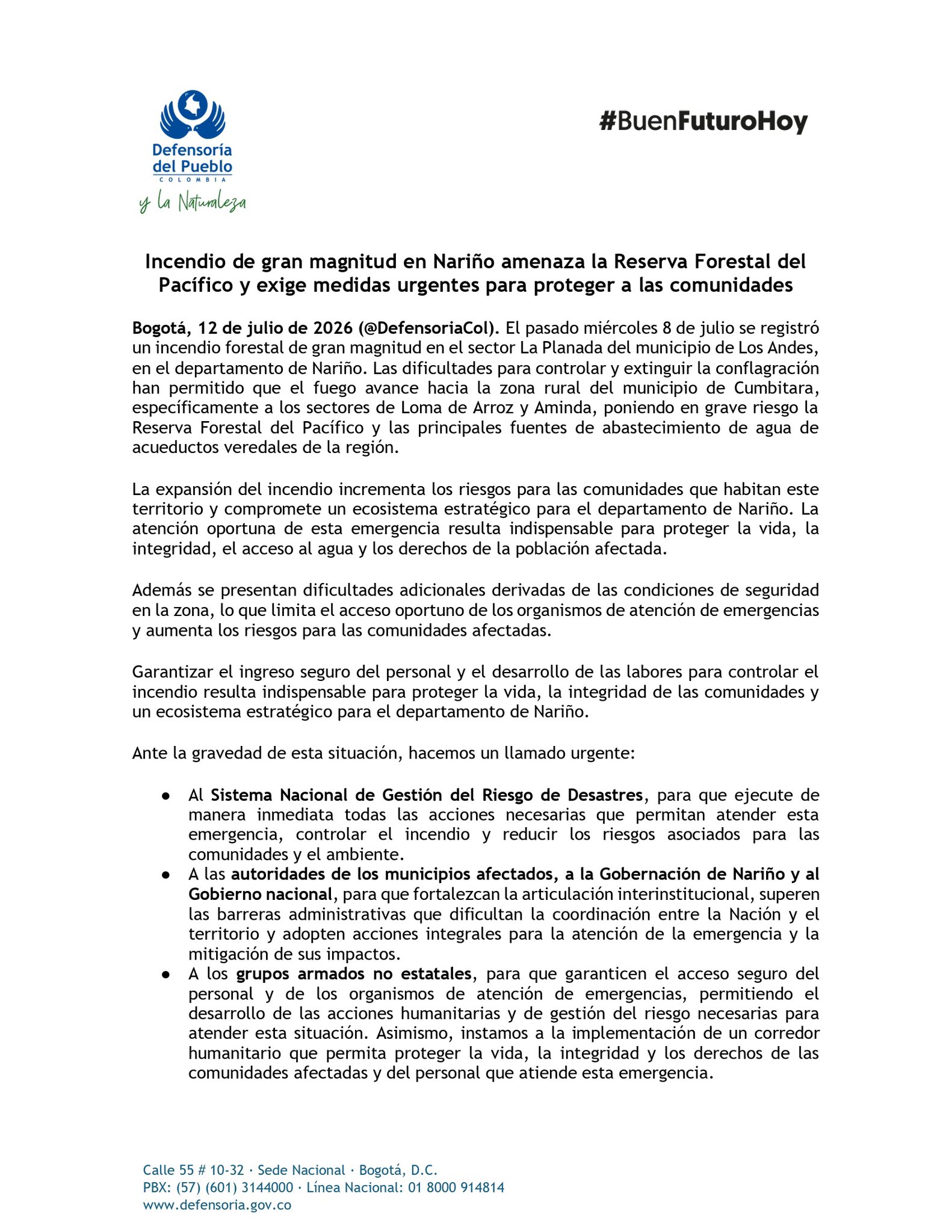Defensoría alerta por incendio en Nariño que amenaza la Reserva Forestal del Pacífico