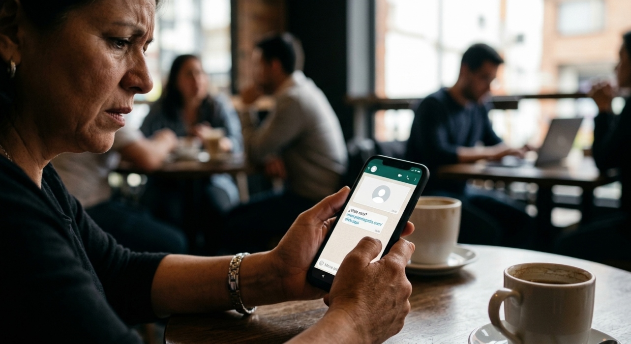 Usuario recibe en WhatsApp un mensaje sospechoso con una oferta de dinero y un enlace fraudulento.