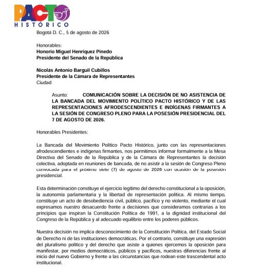 Pacto Histórico oficializó la no asistencia a posesión presidencial  