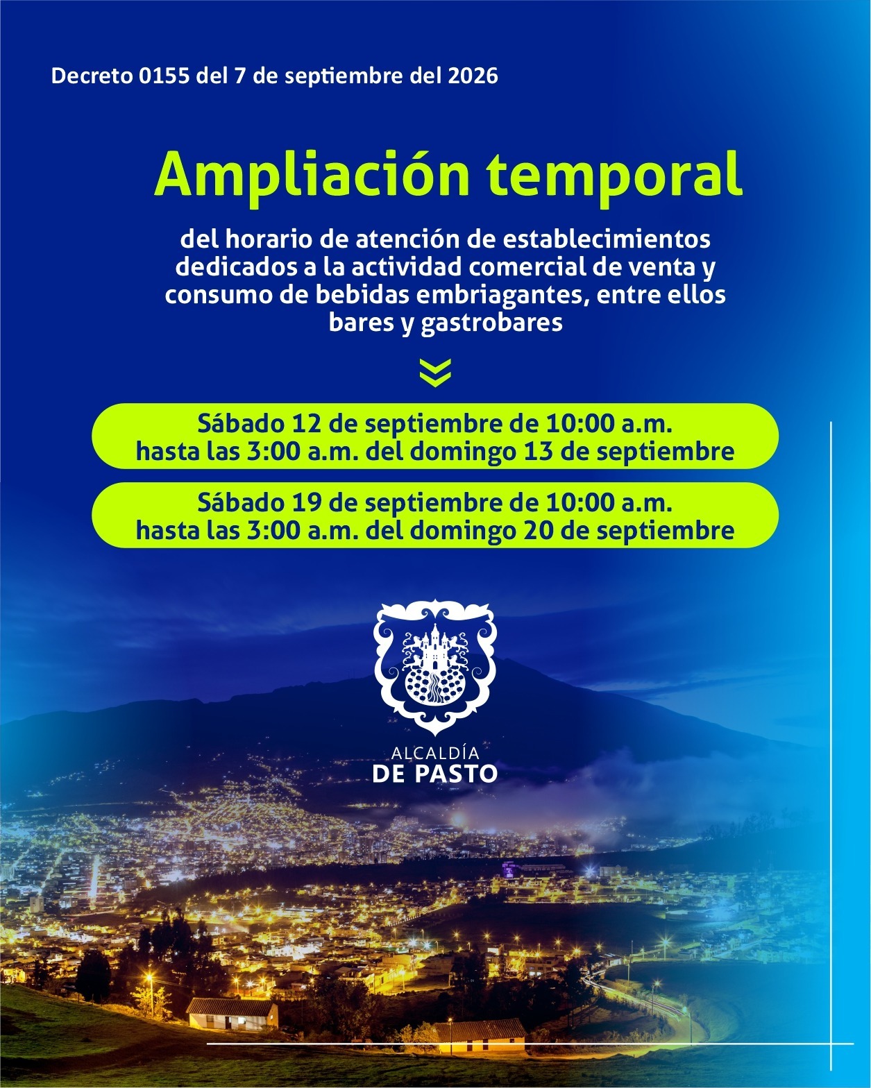 Alcaldía de Pasto amplía hasta las 3:00 a.m. el horario de bares y gastrobares