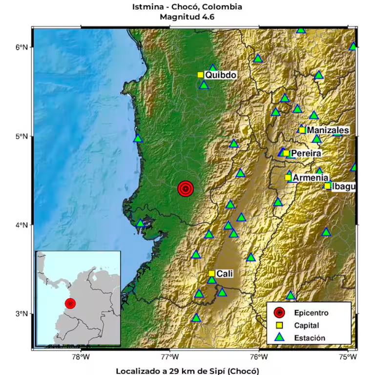 Sismo de magnitud 4,6 sacudió a Colombia durante la madrugada: epicentro estuvo en Chocó