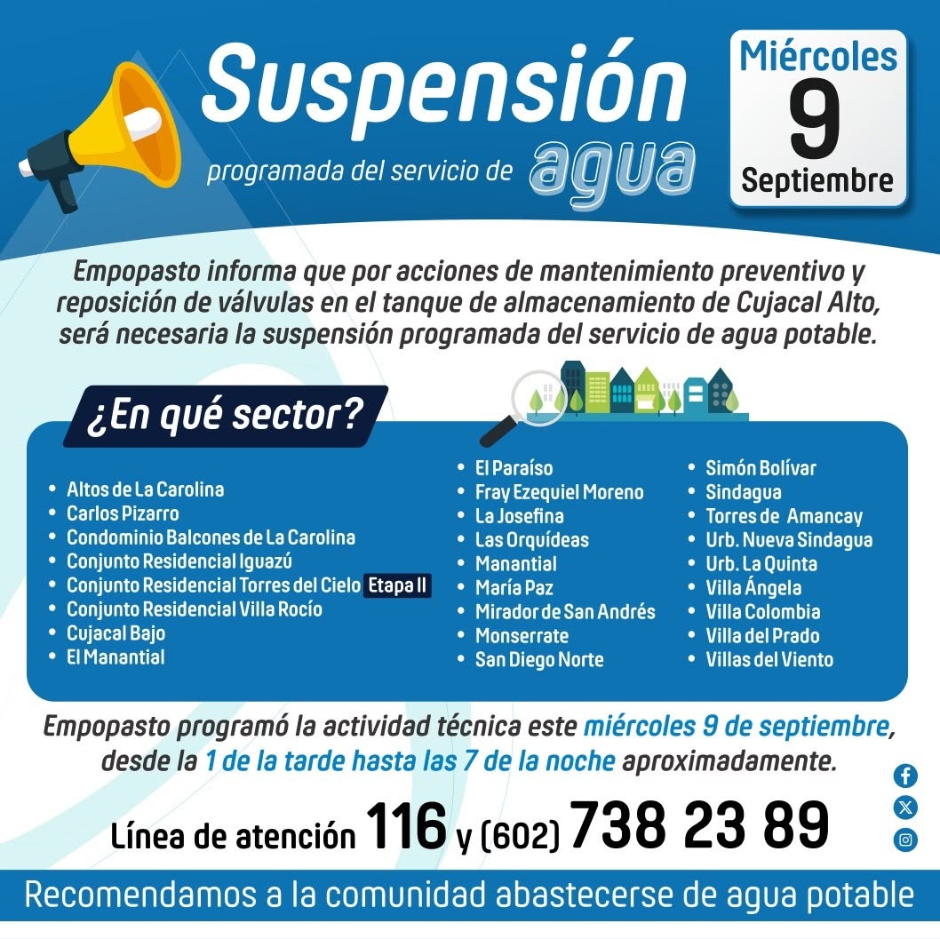 Empopasto anuncia suspensión programada del servicio de agua en barrios de la Comuna 12