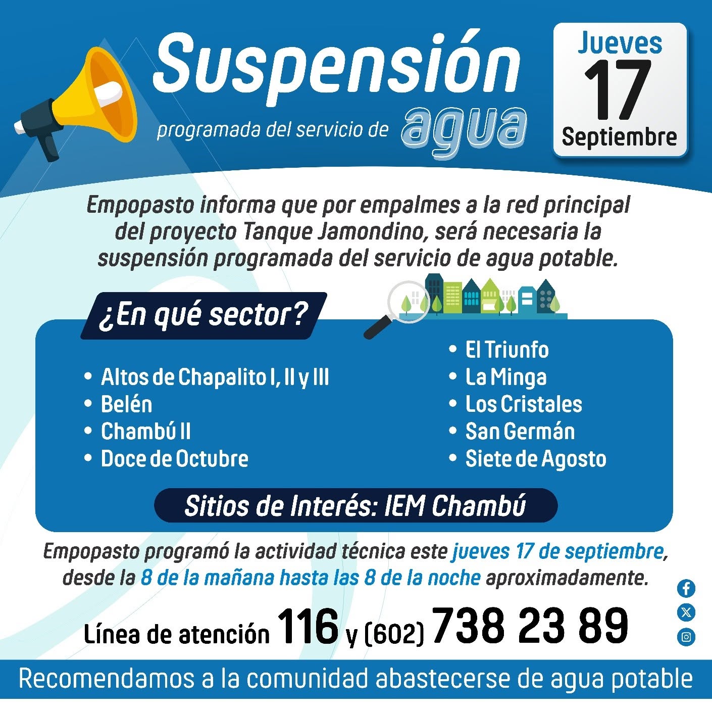 Empopasto suspenderá el servicio de agua potable este jueves por obras en el Tanque Jamondino