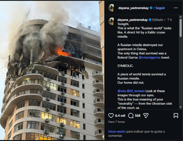 El drama de Dayana Yastremska: un misil destruyó la vivienda de su familia en Odesa