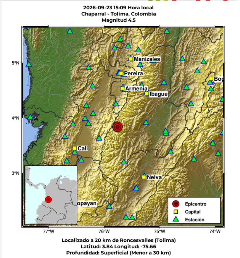 Nuevo sismo de magnitud 4,5 en Chaparral sacude el centro y occidente de Colombia en medio de seguidilla telúrica en Tolima