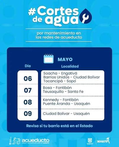 Programan cortes de agua en Bogotá y afectan a sectores de varias localidades
