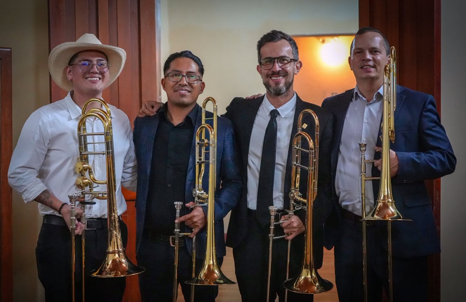 En la imagen Gregory Tapia, Fabián Labre, Carlos Sanabria y Alejandro Anaya, participantes y destacados invitados del XI Festival Internacional de Trombón, encuentro que reunió en Pasto a músicos, estudiantes y maestros nacionales e internacionales.